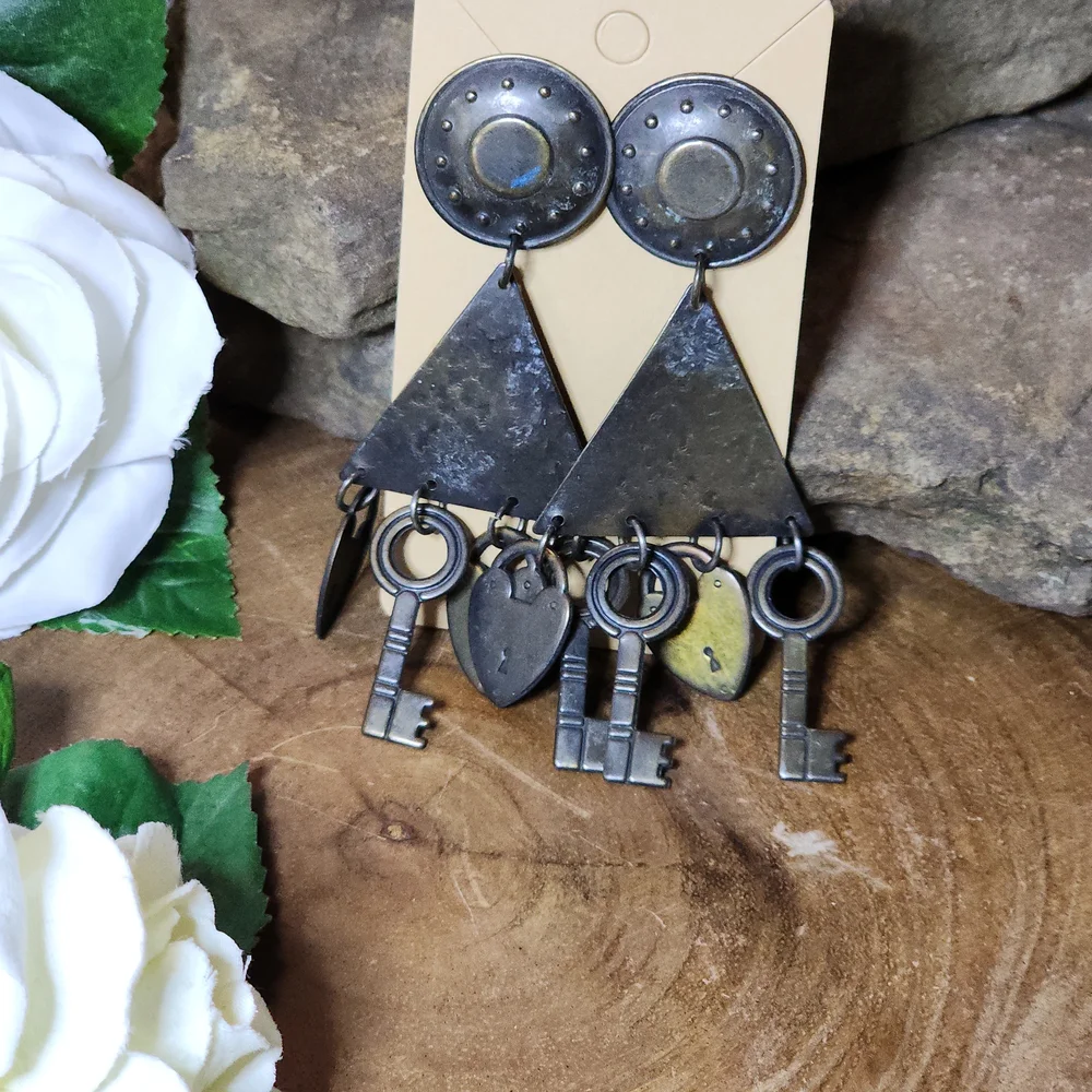 Antique Rustic Boho Silver Toned Metal Dangle Earrings with Keys and Hearts